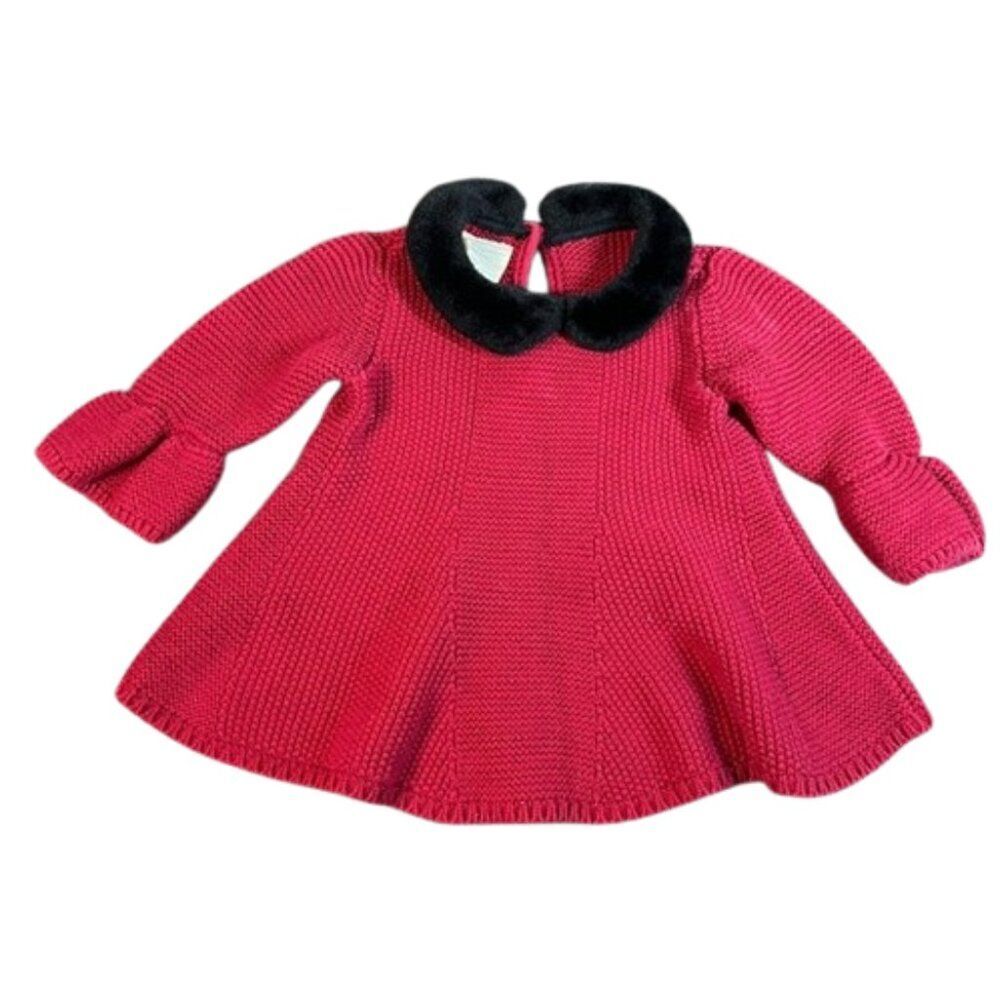 First Impressions Red Knit Baby Girls Holiday Dress Faux Fur Collar 12 months